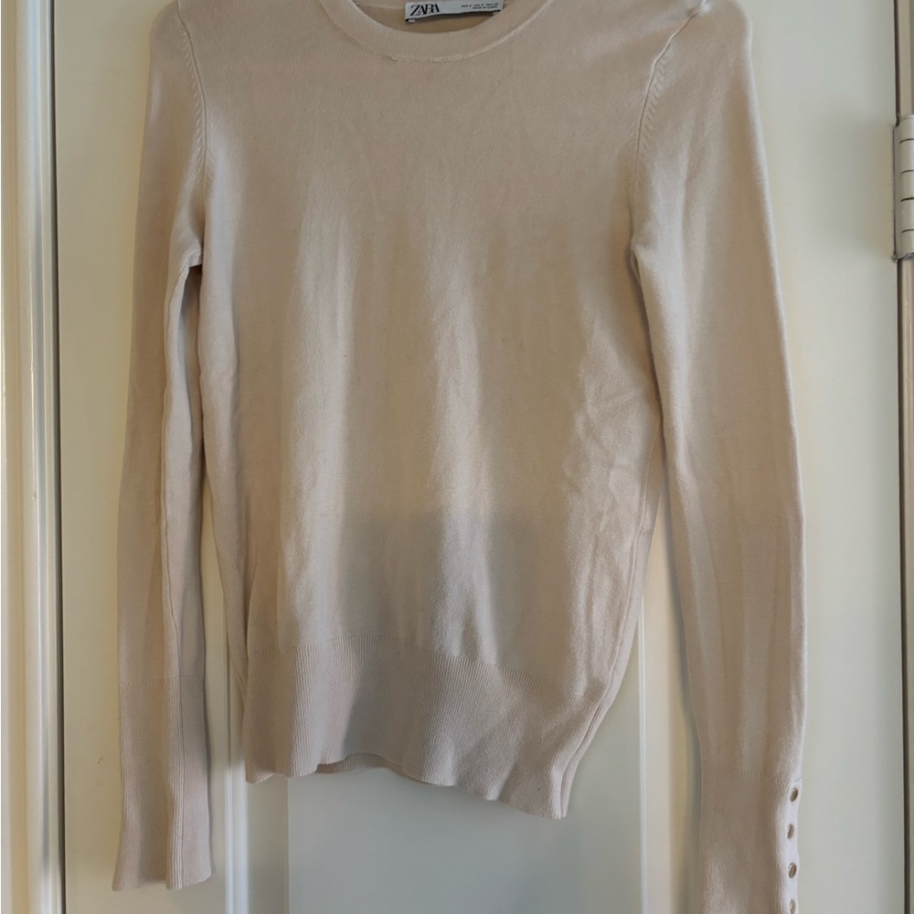 Zara Beige Crewneck Button-Cuff Knit Top